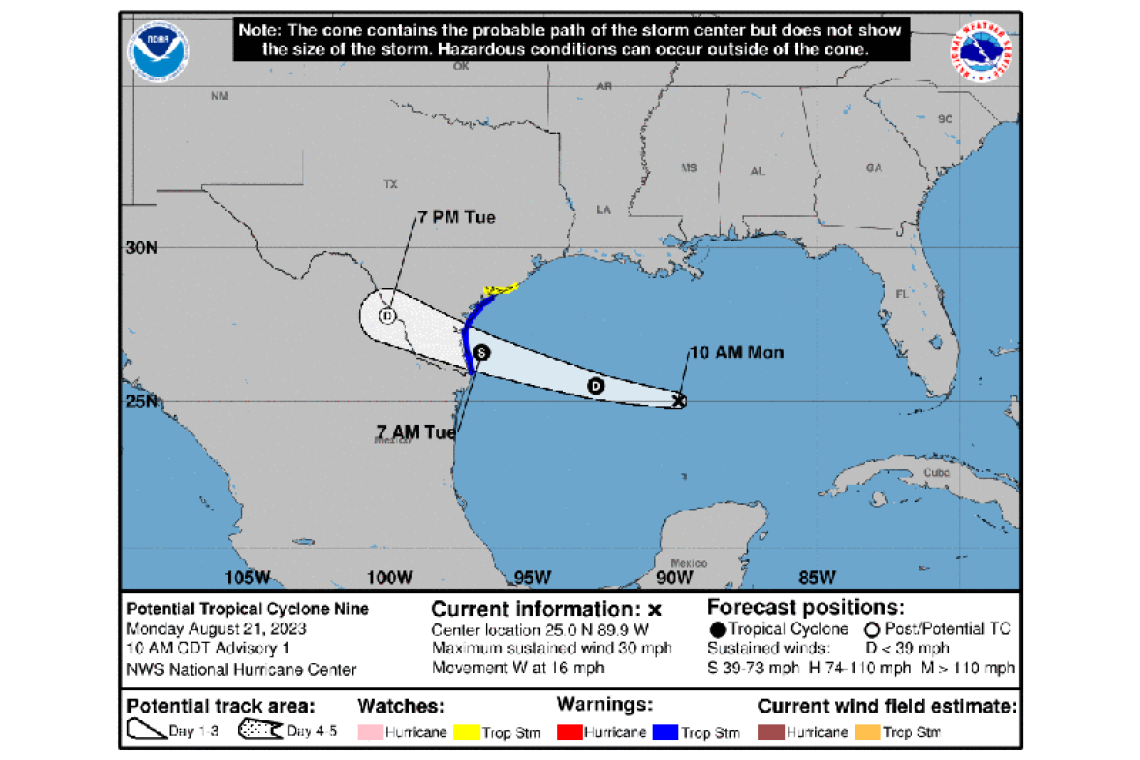 Potential Tropical Cyclone Nine Intermediate Advisory Number 1A 100 PM CDT Mon Aug 21 2023