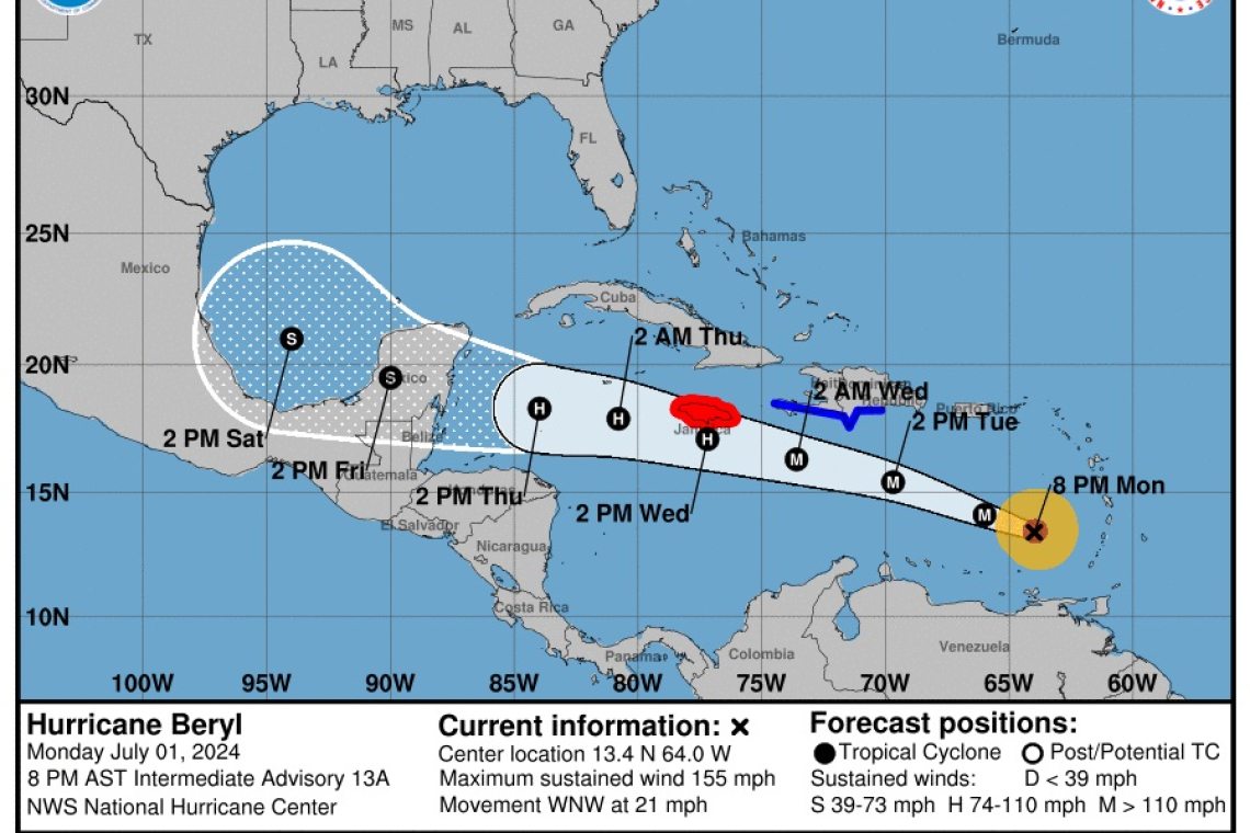 Beryl strengthens as it moves quickly  across the Southeastern Caribbean